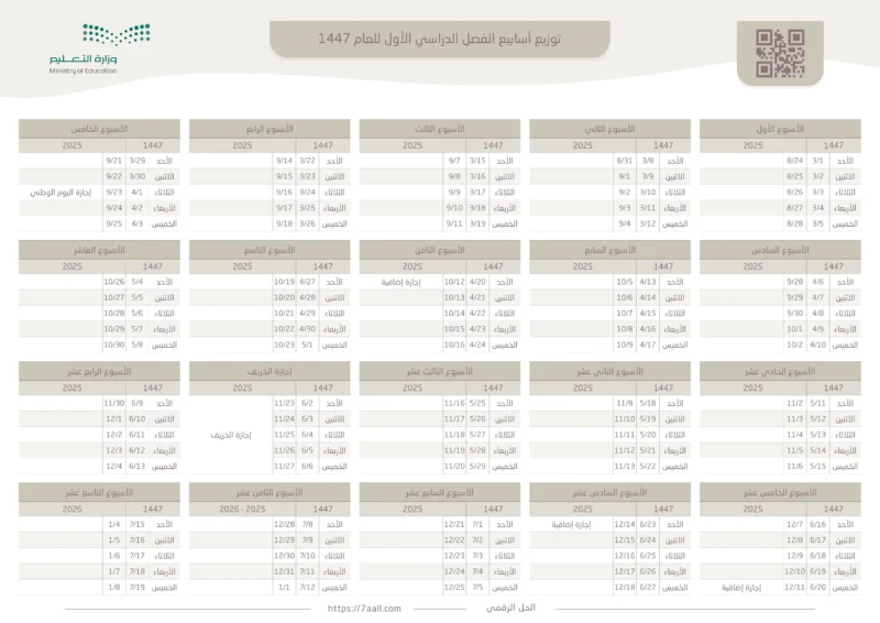 التقويم الدراسي للفصل الأول للعام 1447 التقويم الدراسي للفصل الأول للعام 1447